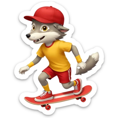 A gray wolf with large, expressive eyes and a friendly smile. The gray wolf is wearing a bright yellow T-shirt, red shorts, white knee socks, and sneakers. The baseball cap is on backwards. The wolf is preparing to perform a skateboarding trick. sticker