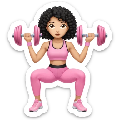 Mixed-race woman with caramel skin, black curly hair, wearing pastel pink sportswear, lifting soft beige dumbbells sticker