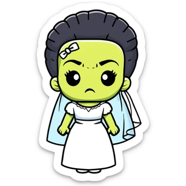 Bride of Frankenstein with tall black and white hair and stitches on face sticker