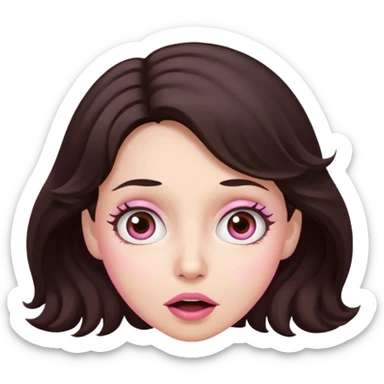 Barbie like emoji of a woman with white skin wavy dark brown hair, brown eyes wearing pink and with a surprised look sticker