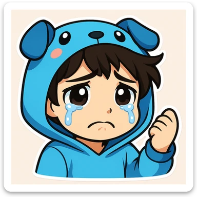 Edit the boy's face to have a sad, teary-eyed expression, keeping the original cartoon style and quality consistent with chibi stickers style. sticker