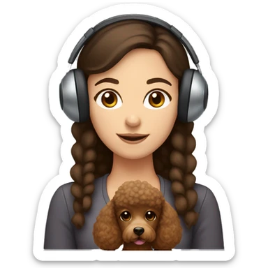 brunette girl with brown eyes wearing earmuffs and holding a brown poodle sticker