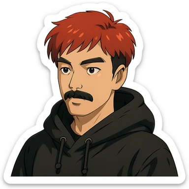 Asian man with black mustache, red hair, wearing a black hoodie in Japanese cyberpunk anime style sticker
