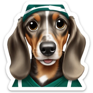Miniature Tri Merle Medium Light Tri Brown Spotted Dachshund wearing Philadelphia Eagles Hat with C on Jersey sticker