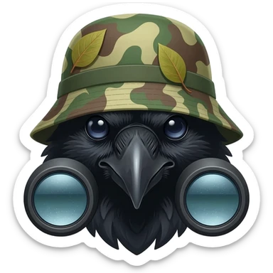 A raven from shoulders up and from 45 degrees, wearing dual tube night vision devices pvs-31 over their eyes and a camoflage Boonie hat with bits of scrim and leaves attached to the hat sticker