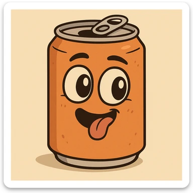 adorable orange soda can with big eyes, playful expression, cartoon style sticker