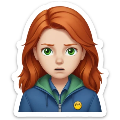 Redhead girl with long hair, green eyes, blue jacket, upset expression sticker