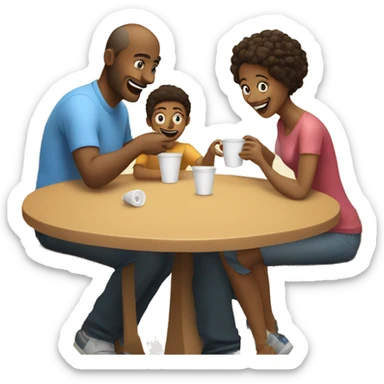 An emoji of a family—mother, father, and child—sitting at a table, playing a cup game with paper cups arranged on the table as they have fun together sticker