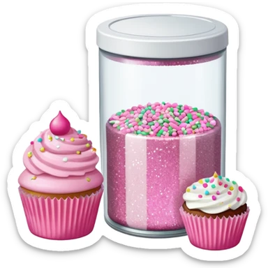 silver glitter in a small clear circular container with white lid next to a can of sprinkles and pink cupcakes  sticker