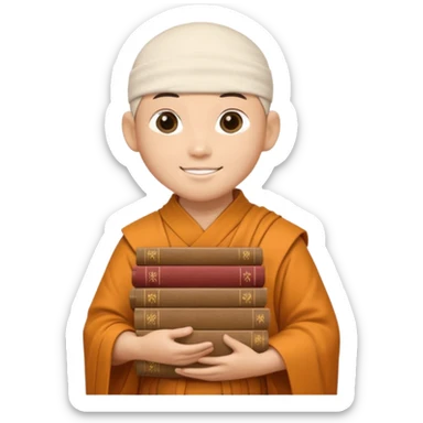A young monk carrying a stack of ancient books, slightly wobbling but smiling softly.
 sticker