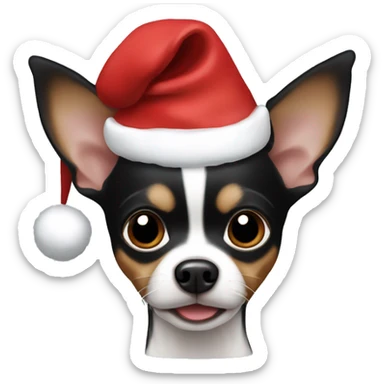 Black chihuahua with brown and white fur wearing a Santa hat sticker