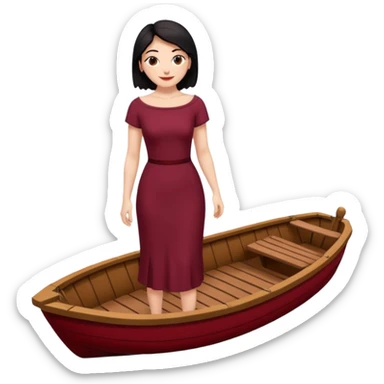 Chica blanca ,ojos marrones, vestido granate ajustado largo, escote barco cuerpo entero ,pelo negro y recogido sandalias sticker