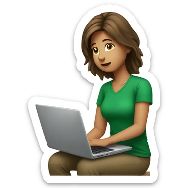 Brown hair girl in a green T shirt working on a laptop sticker