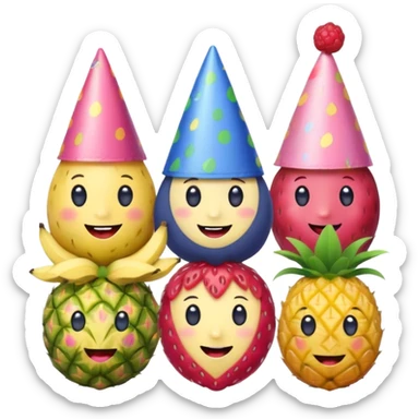 strawberry, blueberry, raspberry, banana, mango, pineapple pink lady apple having a party sticker