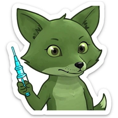 Add a syringe or capsule to the baby fox, referencing pharmacology, in the bufo frog meme style, with no background. sticker
