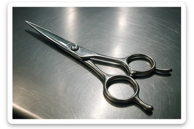 A set of professional barber scissors lies on a stainless steel workbench, gleaming under the bright lights. The blades are sharp and precise, with smooth handles showing signs of frequent use, ready for the next cut sticker