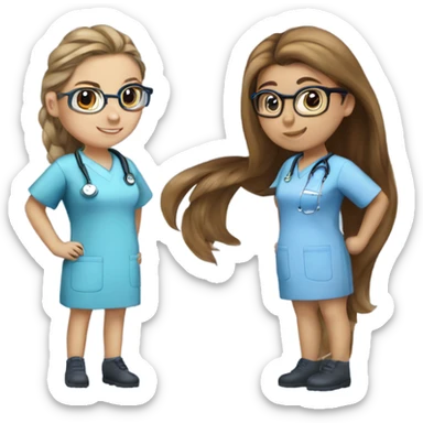 Best friend nurses in blue scrubs one girl has glasses with long hair in a pony tail and the other has long brown hair sticker