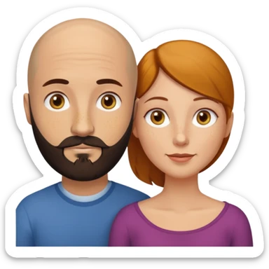 Couple. Bald man with dark brown-black beard. White woman with many small, faded freckles, white skin and she has auburn-yellow-brown-caramel, dark hair. She has light yellow-brown eyes. The man have hazel eyes. They are inside a big heart. sticker