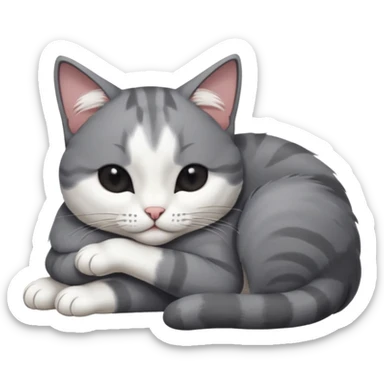 dark grey and white small cat with eyes closed, leaning his head on his paw while leaning on his elbow lying down sticker