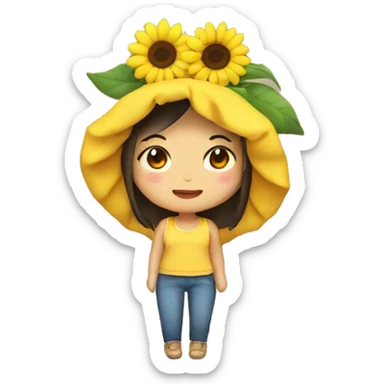 An Asian girl wearing a sunflower plushie on her head. sticker