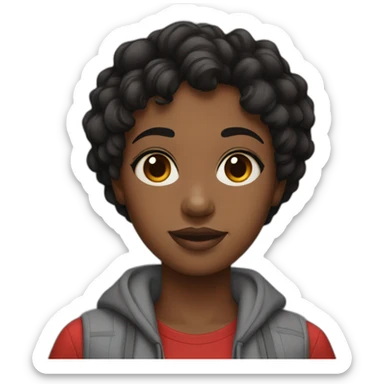 A black girl, brown eyes, short black hair with a red bull can sticker