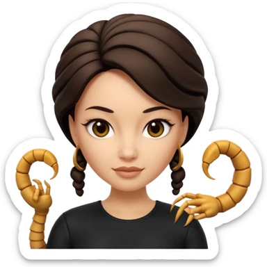Scorpio zodiac signA 3D cartoon woman with a scorpion-shaped hairstyle, confident expression, smooth skin tone, Memoji-style. sticker