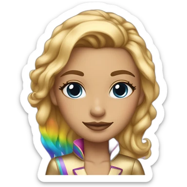 Posh-girl-with-golden-suit-and-blue-eyes-and-rainbow-unicorn-hair sticker