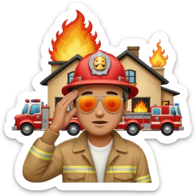 a man stands with his hands on his head, a house on fire behind him, with fire trucks arriving, apple style emoji sticker