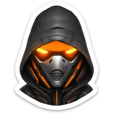  developer behind his laptop with this style : crysis Cyberpunk Valorant orange glowing bright orange character orange black hooded assassin themed character sticker