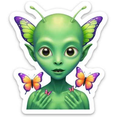 an alien with butterflies on hand sticker