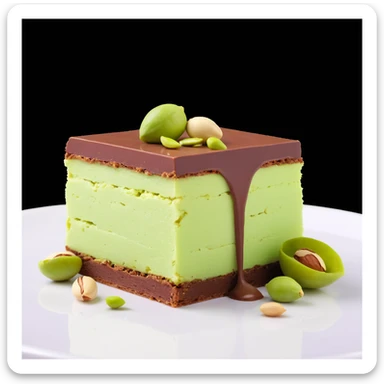 3D render of the Dubai chocolate with a bite missing, exposing a rich green pistachio kataifi center (shredded pastry and pistachio), dramatic lighting sticker