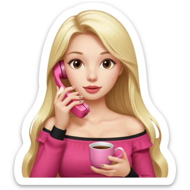 exaggerated features of woman with straight long blond hair, gossiping on a pink analogue phone, holding a tea cup, wearing an off-shoulder black top, red face sticker
