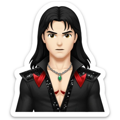 Adam Van Helsing from Vampirella with long black hair, black sequin outfit sticker