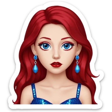 Chappell Roan (b.1998) with long dark red hair, red sequin crop top, red earring, blue eye, makeup sticker