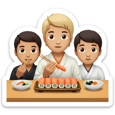 3 boys eating sushi at a place called sano sticker