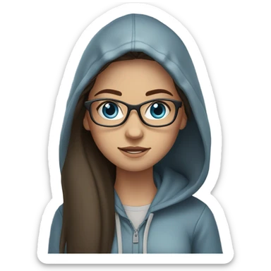 A brunette girl with long straight hair, blue eyes, glasses and a hoodie sticker