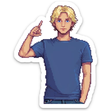 Flat pixel art, confident male leader, Caucasian, short neat blonde hair, sharp eyes, indigo T-shirt, one arm raised gicing direction, waist-up, front-facing sticker