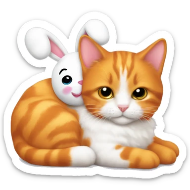 Orange cat holding stuffed animal white bunny for bed sticker