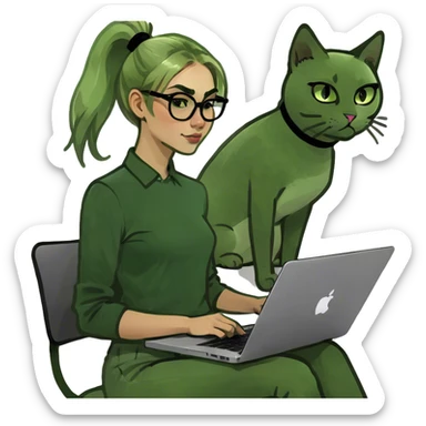 Blonde girl ponytail green eyes with macBook and a cat sticker