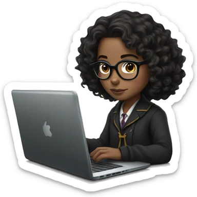 Hermione Granger with black curly hair (hand-tied), and specs, working on laptop sticker