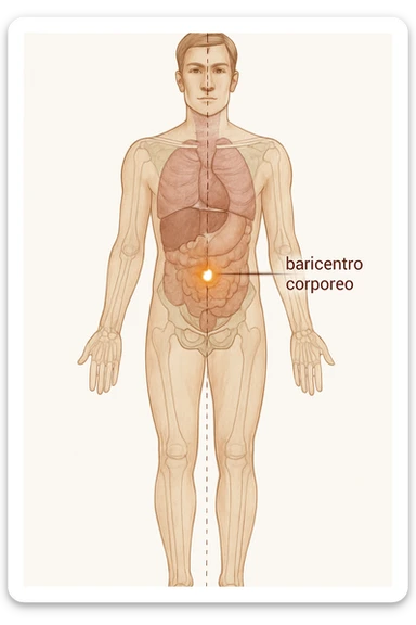 Vertical, clinical-style anatomical illustration of a standing human body, with a highlighted axis and a glowing dot at the anatomical center of gravity (baricentro corporeo). Subtle transparent overlays show internal organs and bones. White background, clear educational labels, vertical format. sticker