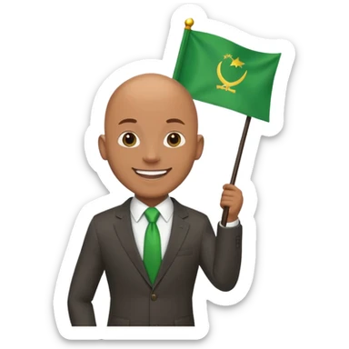 Create a emoji of a man in a suit brown skin with bald holding 1  green flag smiling sticker