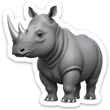 cinematic-rhino-full-body-standing-emoji,slate grey skin -massive-body-poised-powerfully,-thick-horn-curving-slightly-forward,-head-tilted-dramatically,-rough-grey-hide-covered-in-dust,-simplified-focused-features, sticker