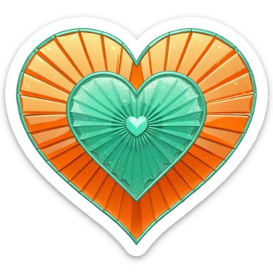 orange glittery heart, chopped  in pieces like shattered glass edges  with a couple mint green art deco fans in the center sticker