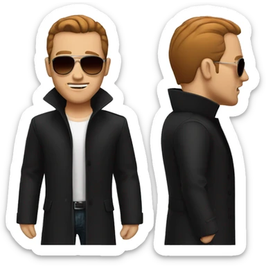 A white dude with red slicked back hair, sunglasses, red chin facial hair no mustache and a black trench coat sticker