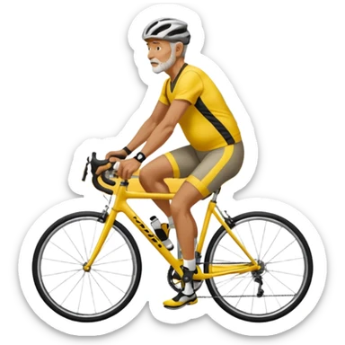 60-year-old man, about 225 lbs, in loose cycling clothes, yellow and black top, straddling grey road bike, graphic design with background as a road with trees sticker