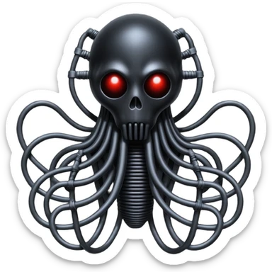 network of dark black wires and tubes forming a surreal occult creature, wrapped in black rags and bondage, Giger-inspired sticker