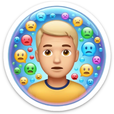Realistic emoji-style man trapped inside a glowing filter bubble. The bubble contains identical social media icons and repeating content symbols. Outside the bubble are colorful diverse icons he cannot see. The man looks comfortable but unaware, expressing narrow perspective. sticker