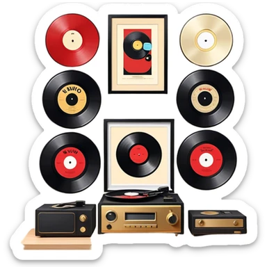 Icon for Vinyl Record Collecting: large black, golden and red vinyl records in decorative packaging featuring artist images, neatly arranged on a wall or shelf, modern vinyl record player. The icon should reflect the aesthetic and artistic aspect of collecting vinyl records. Transparent background. sticker