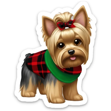brown and white yorkie with a red and black plaid sweater the a name tag bruno with a green christmas bandana around the neck sticker